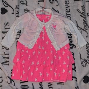 Pink flamingo dress with matching light sweater